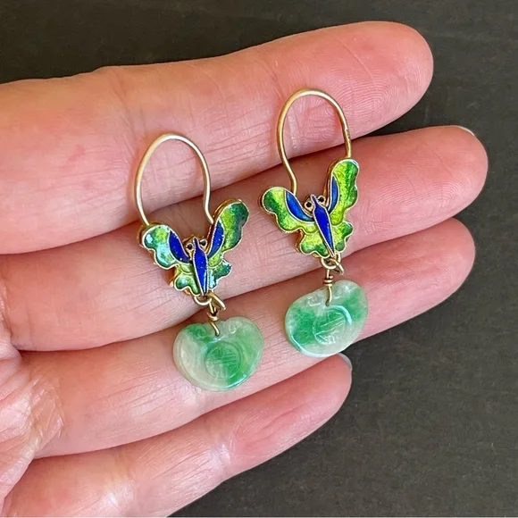 Antique Chinese export gilt silver carved jade & enamel butterfly earrings.